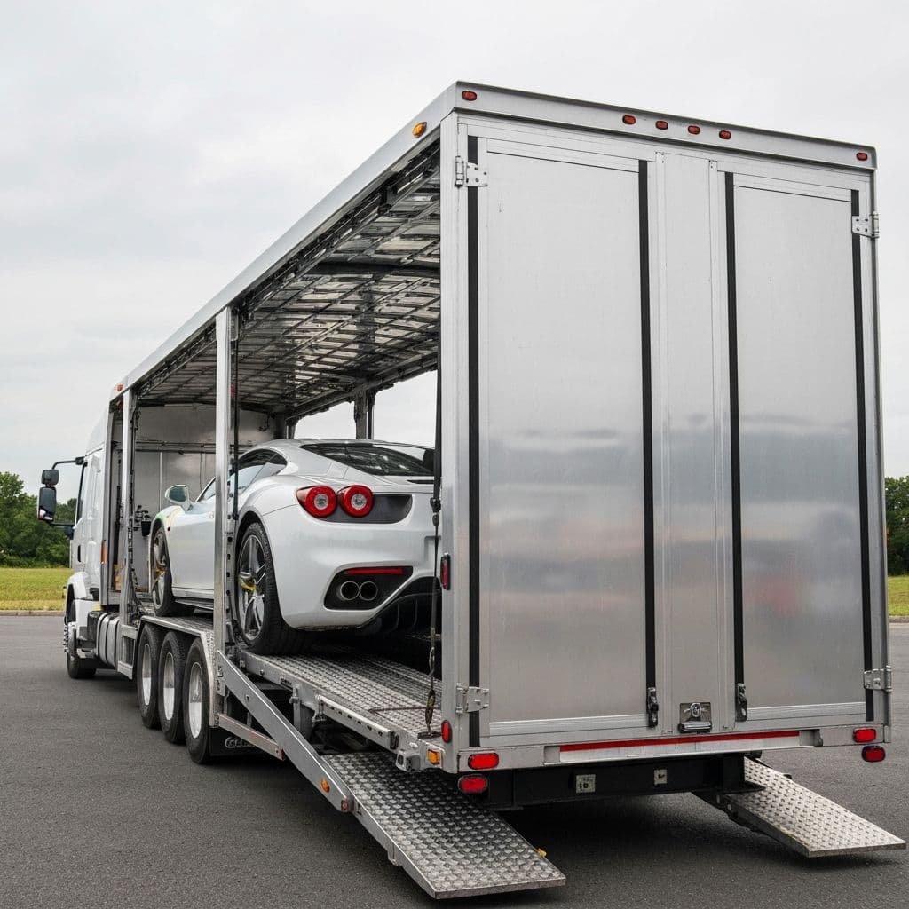 Enclosed auto transport carrier loading a luxury vehicle
